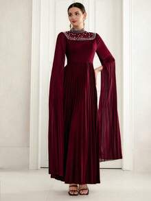 Elenzga 女士优雅浪漫精致奢华派对/聚会雪纺飘逸主教袖立领褶裥腰身连衣裙 - 酒紅色 - 查看 3