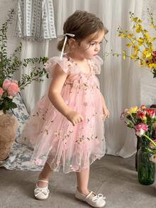 LMoss Kids Vestido casual para niña con cuello cuadrado, volantes y bordado de malla de unicolor tejido - Rosa - Ver 6