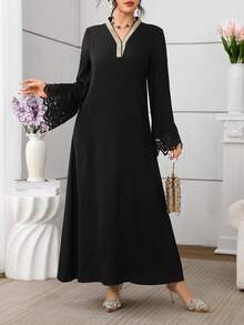 Al Najma 女士优雅阿拉伯风格拼接刺绣金线蕾丝边饰派对礼服 - 黑色 - 查看 4