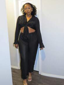 Truni Trang phục mùa thu cho nữ, bộ 2 món cỡ lớn màu trơn tay dài chất liệu vải có họa tiết, áo và quần dáng rộng thoải mái. - màu đen - Xem 7