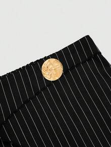 DreamSkyne Plus Size Women Striped Overlap Waist Exaggerated Metal Buckle Decor Elastic Waist Loose Wide Leg Pants, Casual Versatile Design For Daily Wear And Commuting Stripe Pants Palazzo Pants Women - Black - View 5