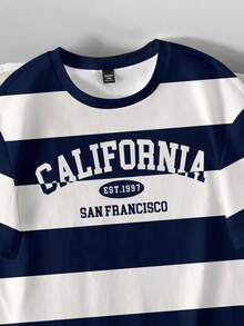 Manfinity Joysei 复古美式学院风撞色条纹数码印花休闲年轻图案短袖T恤，修身版型，适合约会、聚会等场合，必备单品，情侣装、家庭装，送给男友的绝佳礼物 - 藏蓝色 - 查看 2