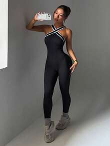 Dewbera Women's Seamless Workout Jumpsuits Striped Halter Neck Casual Yoga Jumpsuit One Piece Compression Jumpsuit Gym Jumpsuits Tummy Control Jump Suit