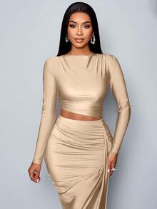 SOLERSUN Conjunto de 2 piezas para mujer de unicolor, elegante y casual, con camiseta de manga larga de cuello asimétrico simple y falda larga plisada con abertura lateral ceñida, conjunto de dos piezas - Caqui - Ver 3