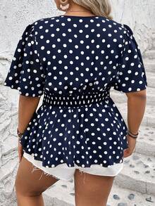 EMERY ROSE 女士随机印花深V加大码荷叶边上衣 女士波点上衣 可爱波点上衣 藏蓝色波点上衣 度假上衣 短袖上衣 藏蓝色上衣 可爱上衣 女士度假 - 藏蓝色 - 查看 2