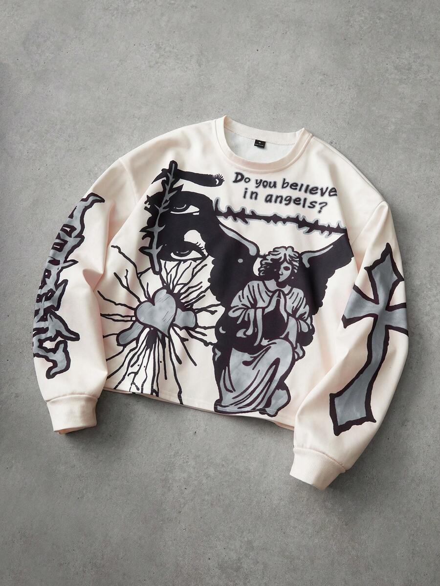 PAVTROS 男士街头风流行INS祈祷天使爱心数码印花套头卫衣，户外音乐节、夜店礼物，送给男友/老公，周年纪念日 - 彩色 - 查看 1