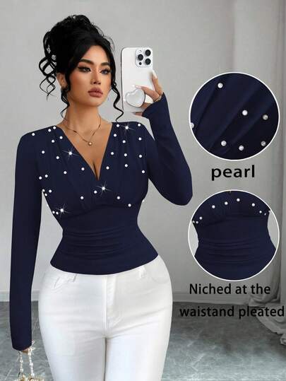 Elenzga Plus Size Women Elegant Fitted Long Sleeve V-Neck Pearl Embellished T-Shirt Top