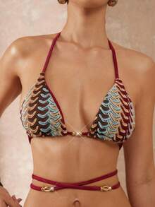 Lumalex Women's Burgundy Luxury Hand-Woven Textured Triangle Bikini Set,Adjustable Halter Neck,Wrap-Around Waist Tie,High-Cut Brazilian,Boho Summer Holiday - Multicolor - View 6
