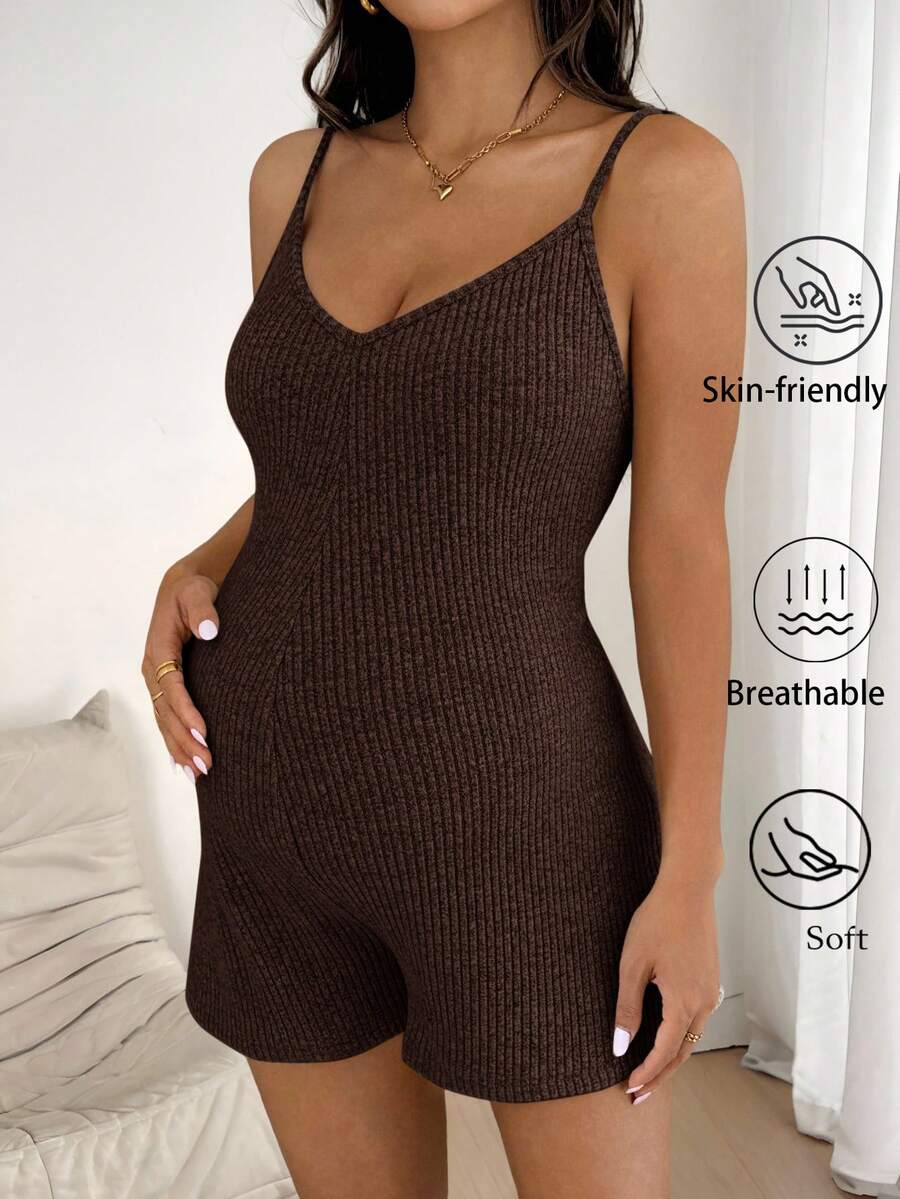 SHEIN Maternity Clothes Maternity Jumpsuit Adjustable Strap Solid Color Casual Maternity Romper Brown Romper Women Brown Jumpsuit Bodysuits For Women Romper Brown Body Suit Womans Rompers - Coffee Brown - View 1