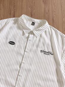 EASEVO Camisa de manga corta casual/de negocios con rayas y estampado de letras para hombres de talla grande, camisa blanca para hombres con gráficos - Albaricoque - Ver 5