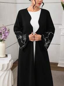 Al Najma Women's Black Twist Bubble Sleeve Elegant Arabic Abaya Robe, Spring/Summer - Black - View 1