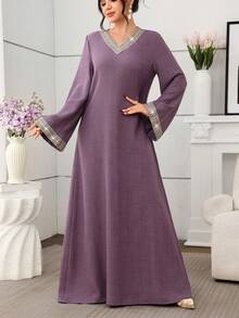 Al Najma Solid Color V-Neck Loose Long Sleeve Elegant Ribbon Decor Everyday Dress - Purple - View 1