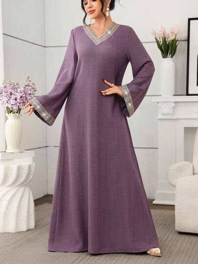 Al Najma Solid Color V-Neck Loose Long Sleeve Elegant Ribbon Decor Everyday Dress