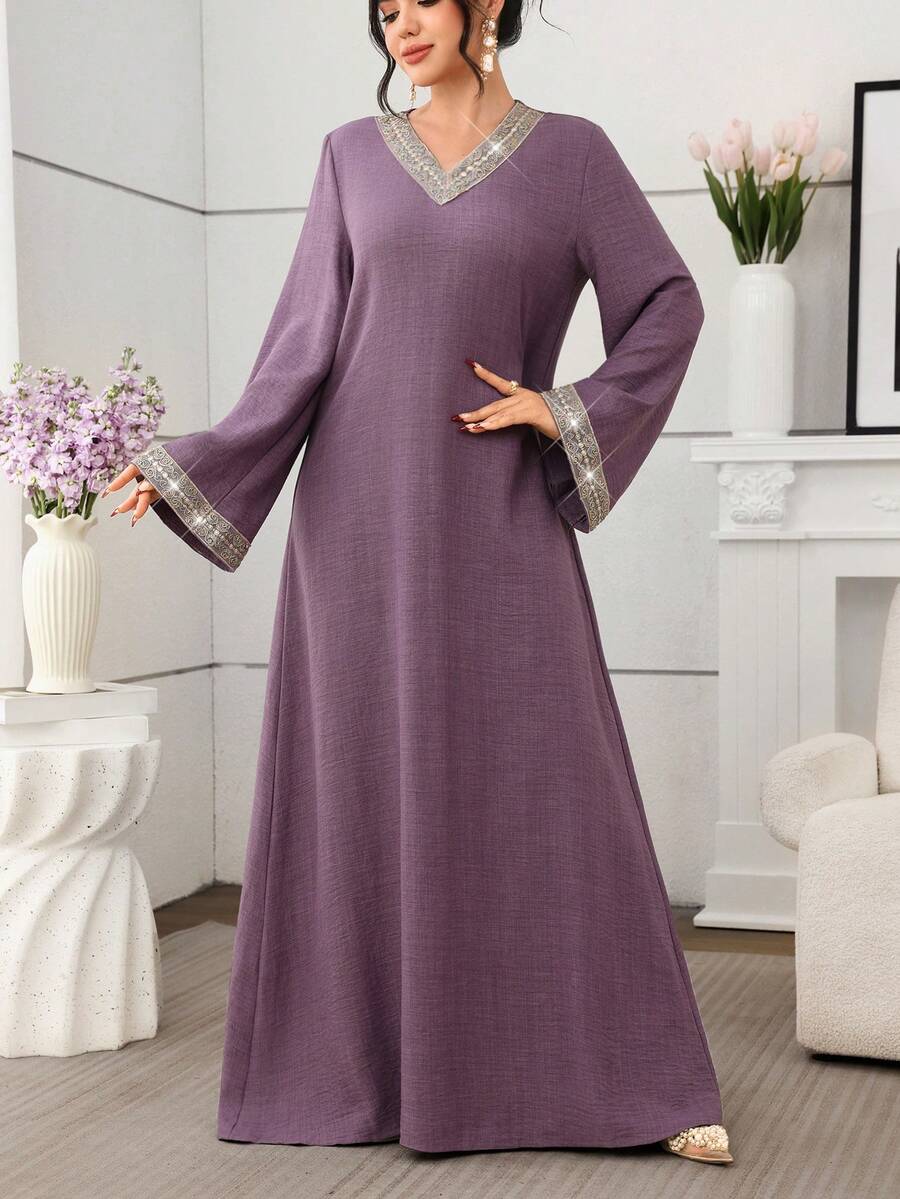Al Najma Solid Color V-Neck Loose Long Sleeve Elegant Ribbon Decor Everyday Dress - Purple - View 1