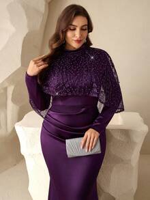 Coutiva Plus Size Elegant Long Sleeve Embroidered Cape With Pearl Rhinestone Design Hem Mermaid Skirt With Side Draping Design Suitable For Mother Of The Bride Dress, Wedding Guest Dress, Formal Dinner Dress Valentines Dress Elegant Dress Sequin Dress Floral Dress - Purple - View 6