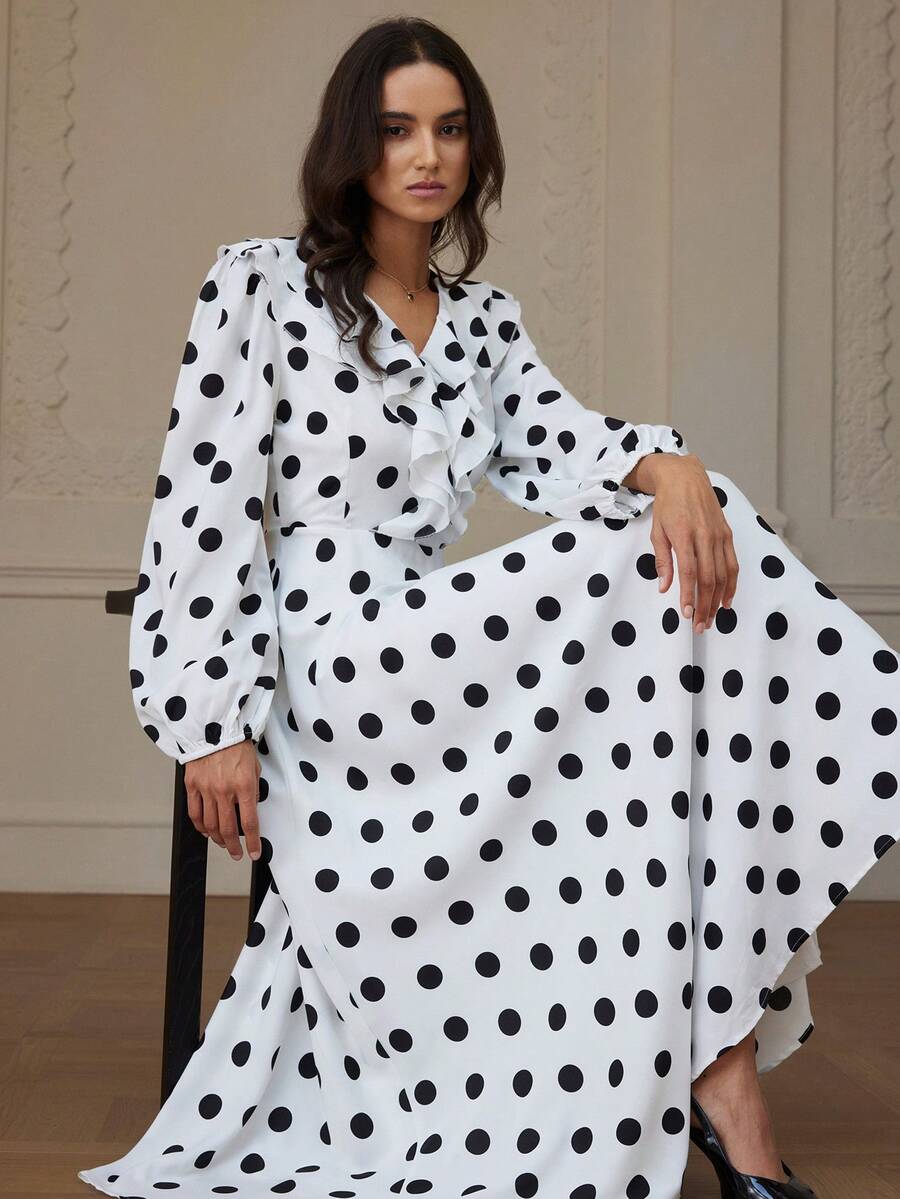 EMERY ROSE Elegant French Style V-Neck Ruffle Lantern Sleeve Fitted ...