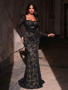 Glamrae 优雅奢华的薄纱长袖弹力蕾丝性感露背褶皱鱼尾连衣裙，适合婚礼、活动、派对、度假、盛会、正式场合（重磅）、情人节 - 黑色 - 查看 4