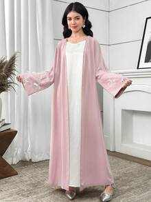 SHEIN Teen Girls' V-Neck Loose Casual Vacation Dress With Faux Pearl & Bow Trim, Cardigan Style - Pink - View 5