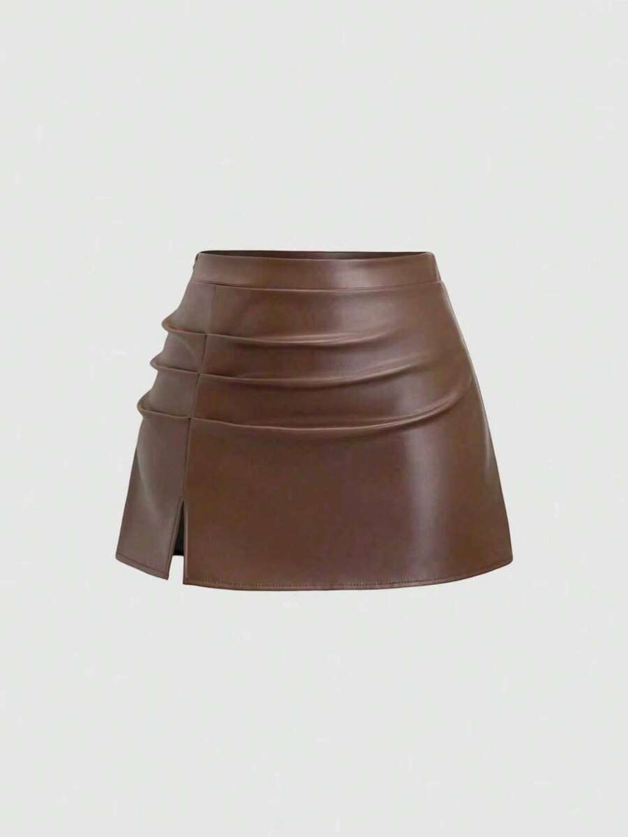SHEIN PETITE 秋冬休闲A字喇叭PU皮迷你裙，娇小女性的时尚之选 - 棕色 - 查看 1