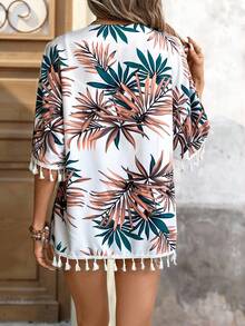 Brillora 热带印花流苏饰边蝙蝠袖和服夏季