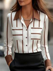 Ellegaria. Fashionable Multicolor Striped Woven Blouse For Women With Long Shirt Sleeves And Regular Fit Collar - Multicolor - View 2