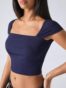 SHEIN EZwear 方领罗纹针织黑色短款T恤 - 藏蓝色 - 查看 3