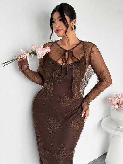 Firerie Plus Size Women Lace Front Tie Long Sleeve Top And Spaghetti Strap Dress Elegant 2 Piece Set