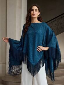 ZEYLAH 女士船领蝙蝠袖奢华提花流苏拼接外套 - 藏蓝色 - 查看 3