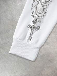 Manfinity Dauomo بلوزة هوديي رجالية مطبوع عليها طباعة ملاك، مزودة بسحاب وخيط شد، مناسبة للارتداء في الخارج والعطلات والمناسبات، موسم الخريف/الشتاء - أبيض - مشاهدة 4