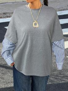 Muchica 女士新款灰色拼接蓝色条纹圆领宽松长袖T恤，春夏款 - 灰色 - 查看 4