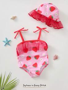 Cozy Pixies 2pcs/Set Newborn Baby Boy/Girl Strawberry Print Vacation Romper Swimsuit With Cute Sun Hat Set