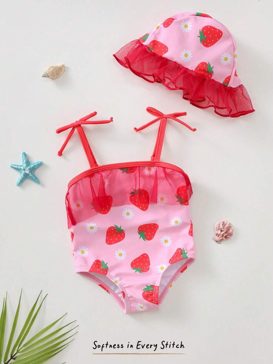 2pcs/Set Newborn Baby Boy/Girl Strawberry Print Vacation Romper Swimsuit With Cute Sun Hat Set,Kids - Pink - View 1