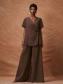 Zivah 女士纯色交叉系带露脐上衣搭配松紧腰阔腿裤度假派对套装 - 棕色 - 查看 6