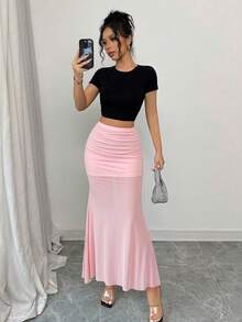 Elenzga 女士纯色网纱拼接鱼尾裙，百搭 - 粉色 - 查看 1