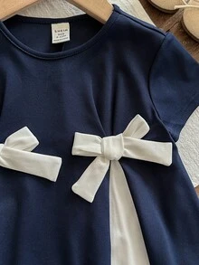 可爱拼接蝴蝶结针织短袖连衣裙，女婴夏季款 - 彩色 - 查看 8