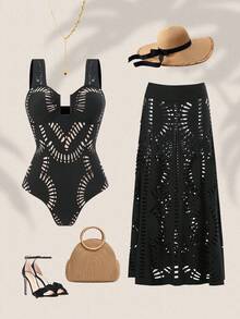 Swim Oasis 2pcs/Set Women One-Piece Swimsuit, Black Hollow-Out High-End Beach Vacation Ruched Bust Stylish Monokini With Long Skirt