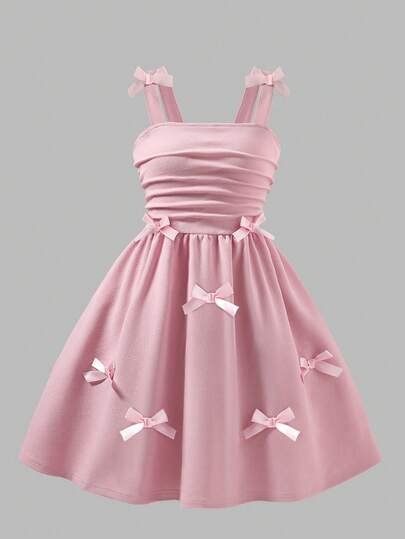 Elladie kids Elegant Solid Color Ruffled Strap Dress With Bow Decor For Teenage Girls, Suitable For Outings, Parties, Back To School Season, Spring/Summer