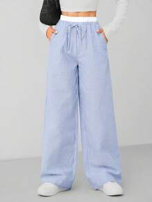 SHEIN PETITE Autumn Blue Striped Contrast Waist Woven Women's Trousers - Baby Blue - View 6