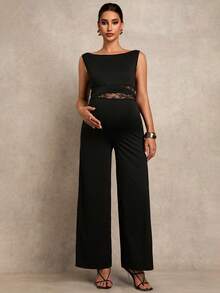 MaterniChic 孕妇纯色船领撞色蕾丝阔腿优雅无袖连体裤 - 黑色 - 查看 1