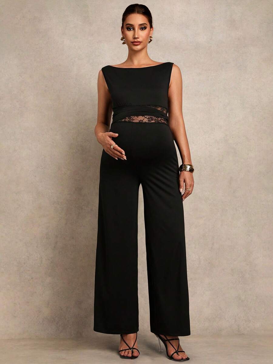 MaterniChic 孕妇纯色船领撞色蕾丝阔腿优雅无袖连体裤 - 黑色 - 查看 1