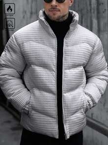 Manfinity CasualCool 男士纯色立领长袖保暖拉链羽绒服，冬季 - 灰色 - 查看 3