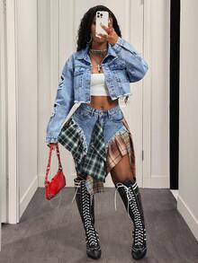 BamGleam Áo khoác denim nữ dáng casual, rách rưới, cài một hàng khuy. - Màu xanh lam - Xem 5