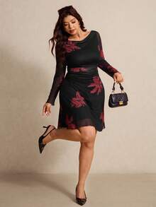 Elaquor Đầm dài tay cổ xếp ly in hoa dành cho nữ cỡ lớn, kiểu dáng thanh lịch. - màu đen - Xem 1