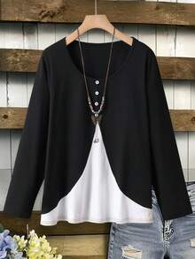 Lacomfia Damen Oversize Kontrast-Farbige Strick-Textur Knopf-Vorder T-Shirt, Lässig Homewear für Herbst/Winter - Schwarz und Weiss - Übersicht 1