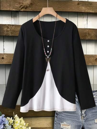 Lacomfia 大码女式撞色针织纹理纽扣前开襟T恤，秋冬季休闲家居服