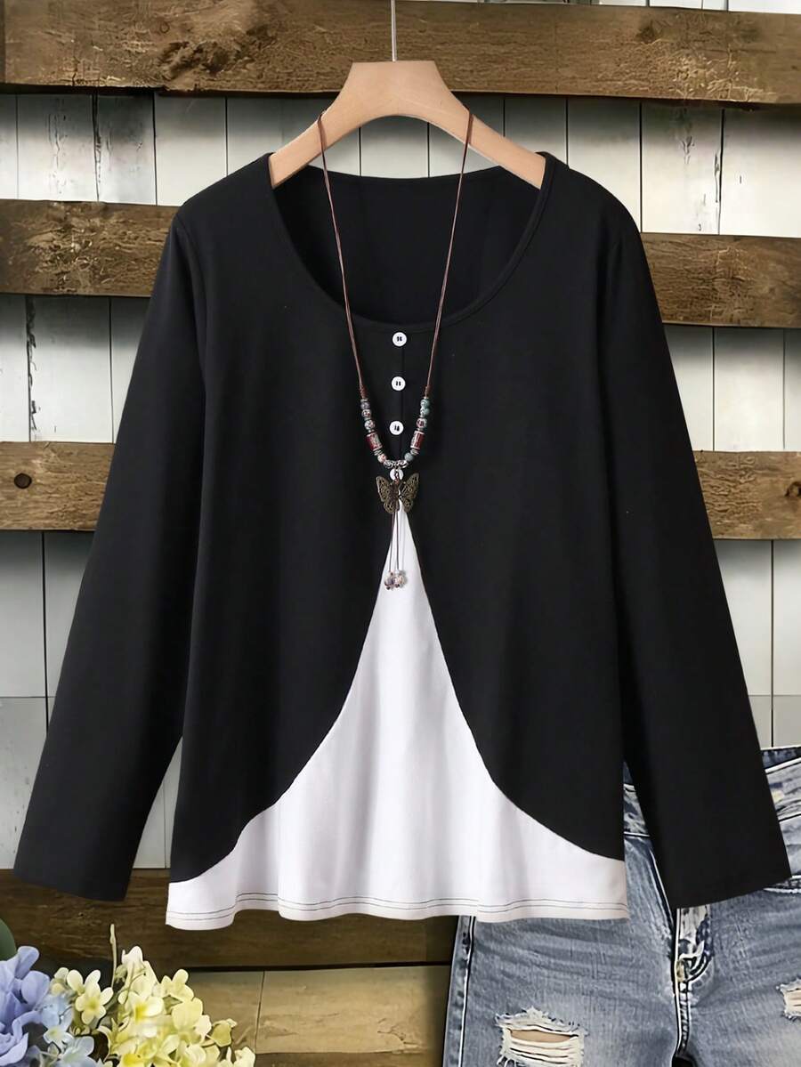 Lacomfia Damen Oversize Kontrast-Farbige Strick-Textur Knopf-Vorder T-Shirt, Lässig Homewear für Herbst/Winter - Schwarz und Weiss - Übersicht 1