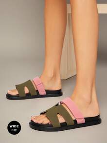 SHUZIA Zapatos anchos para mujer, cómodos, de punta abierta, con suela gruesa, de uso diario, tipo slip-on en ante color caqui y rosa, sandalias anchas, esenciales de viaje para el verano - Verde militar - Ver 2
