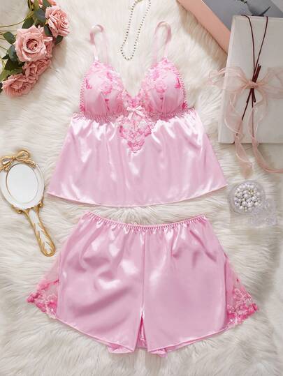 2pcs Women's Intimate Apparel Set: Sweet Floral Embroidered Patchwork Camisole Top With Bow Decor + Regular Length Shorts