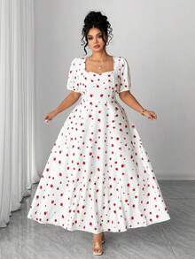 Elenzga Đầm maxi dáng chữ A tay phồng cổ vuông in hoa hồng dành cho nữ cỡ lớn, kiểu dáng cổ điển thanh lịch ngọt ngào lãng mạn, thích hợp cho hẹn hò, dự tiệc, kỳ nghỉ, đi biển, mùa xuân/hè. - Đỏ và trắng - Xem 1