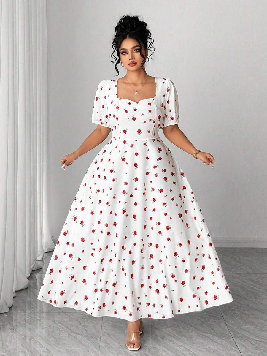 Elenzga Đầm maxi dáng chữ A tay phồng cổ vuông in hoa hồng dành cho nữ cỡ lớn, kiểu dáng cổ điển thanh lịch ngọt ngào lãng mạn, thích hợp cho hẹn hò, dự tiệc, kỳ nghỉ, đi biển, mùa xuân/hè. - Đỏ và trắng - Xem 1
